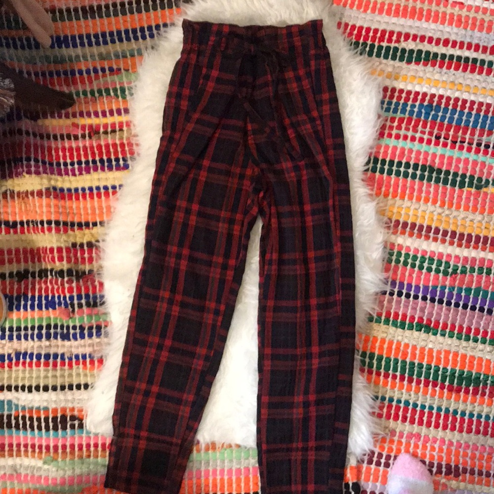 Free people Red plaid paper bag pants